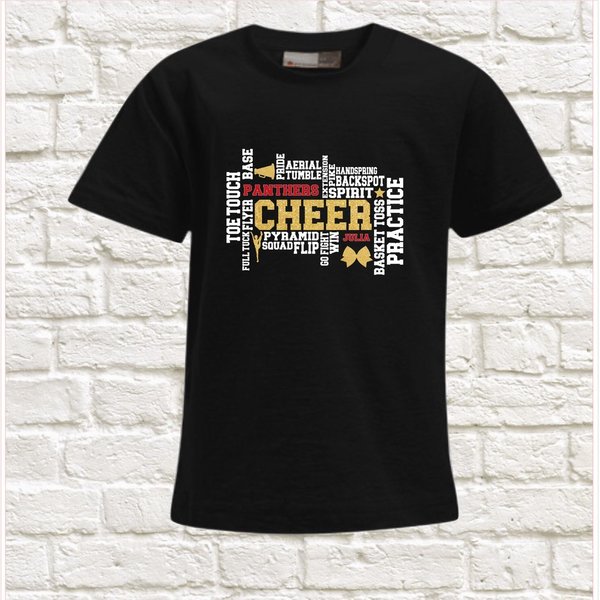 T-Shirt Cheerleader - Word Art ,Personalisiert Name und Team -  verschiedene Farben Glitzer
